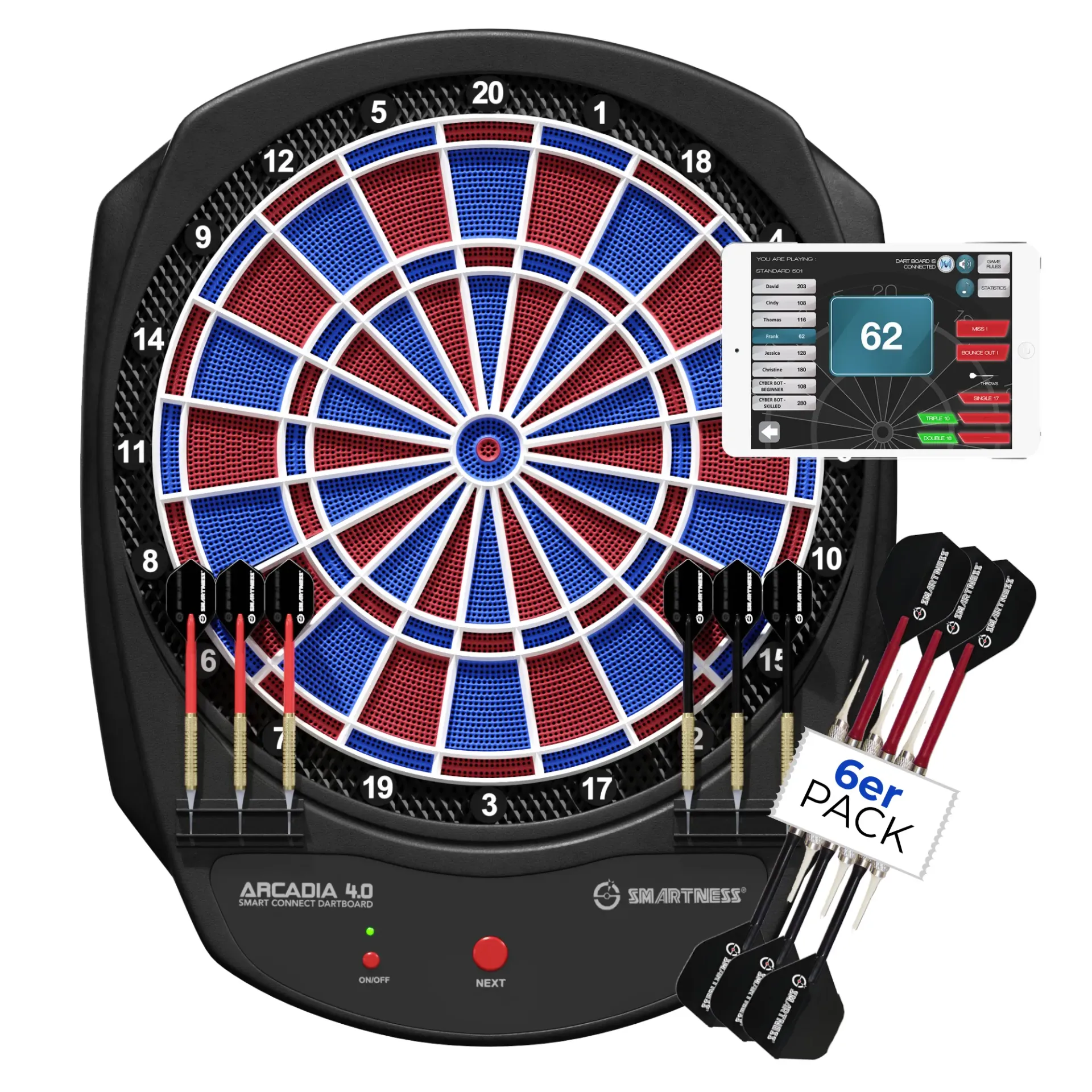 Arcadia 4.0 smarte Dartscheibe mit App, 2-Loch Abstand